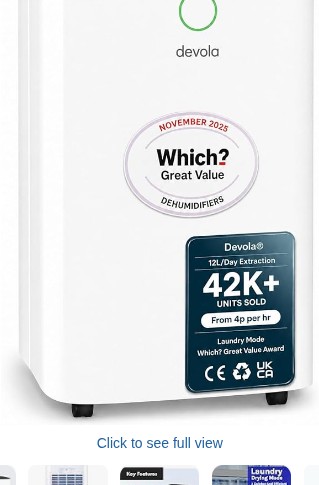 Devola 12L/day Low Energy Dehumidifier, Quiet & Energy Efficient (costs less than 5p per hour) Dehumidifiers for Home, Laundry Drying Dehumidifier, Dust Filter -WHICH? GREAT VALUE AWARD